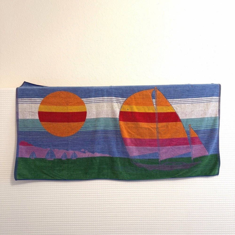 Vintage Cecil Saydah Beach Towel Sail Boats Nautical Colorful Ipanema Brazil